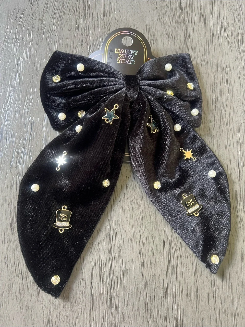 New Year's Black VelvNew Year's Black Velvet Bow Hair Clip with Stars